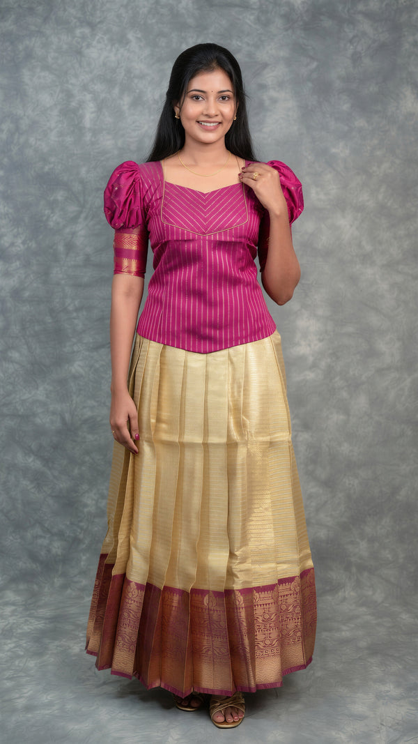 Wine Pattu Pavadai Set for Girls | Gold Zari Line Contrast Border | Festive Wedding Wear Sizes 16–24