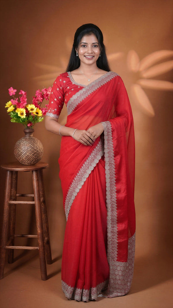 Red Space Silk Saree | Silver Stone Embroidered Scalloped Border | Bridal Wedding Wear
