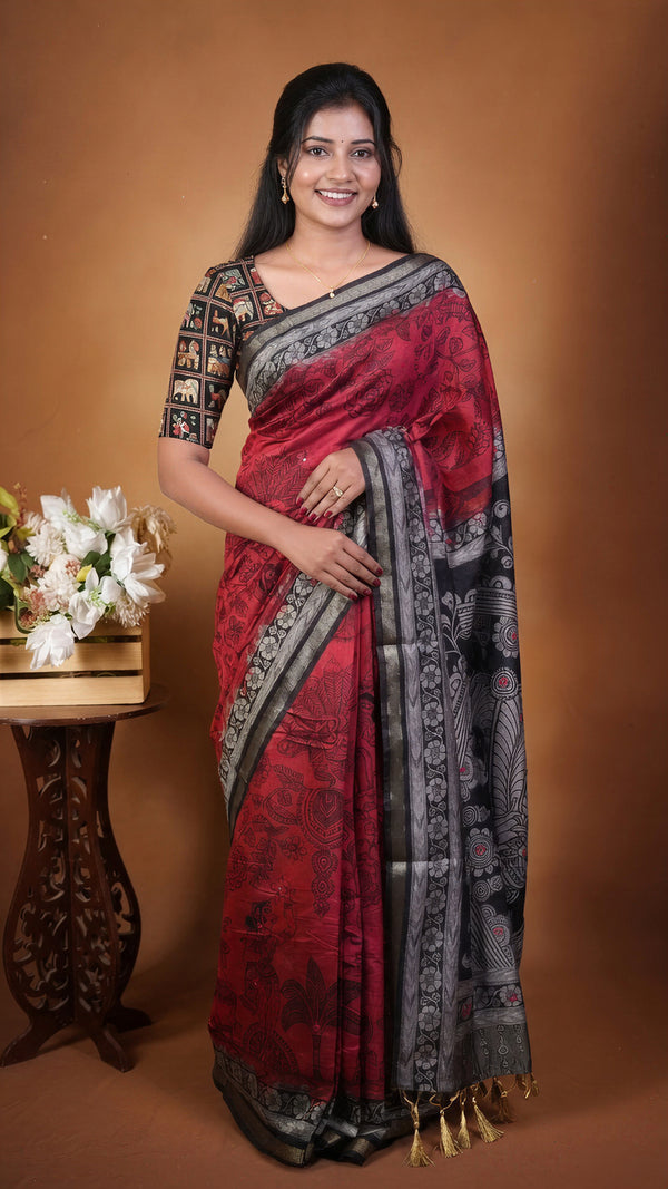 Red Chanderi Cotton Saree | Floral Print with Black Peacock Mural Pallu | Traditional Festive Wear