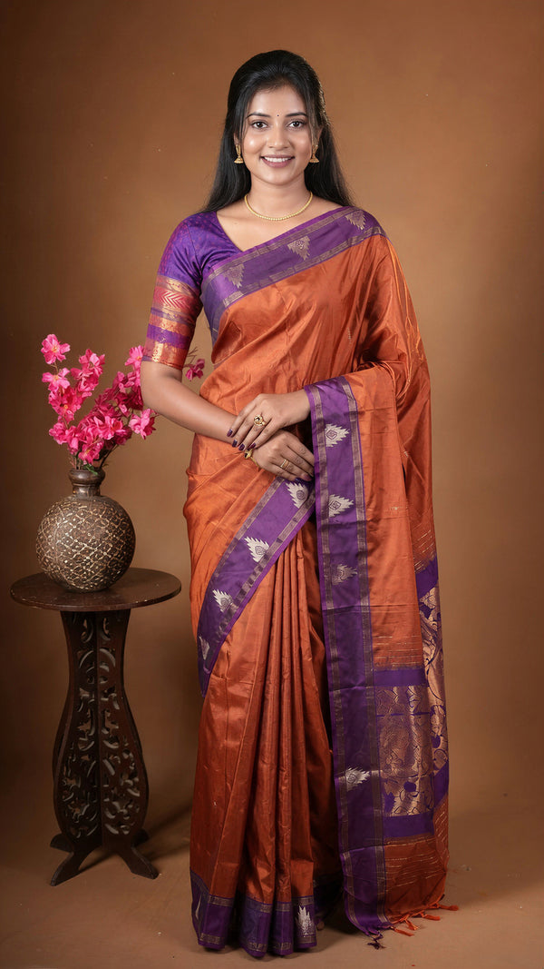 Rust Copper Semi Silk Saree | Gopuram Border Kanchipuram Style Zari | Festive Wear