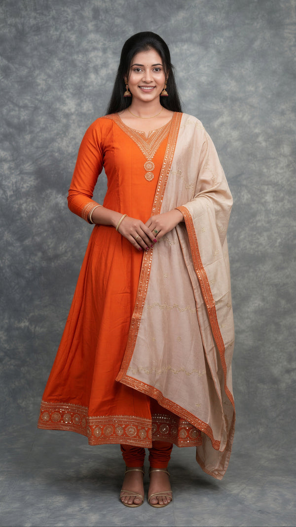 Rust Orange Silk Anarkali Chudithar Set | Zari Mirror Work Designer Borders | Festive Wedding Wear