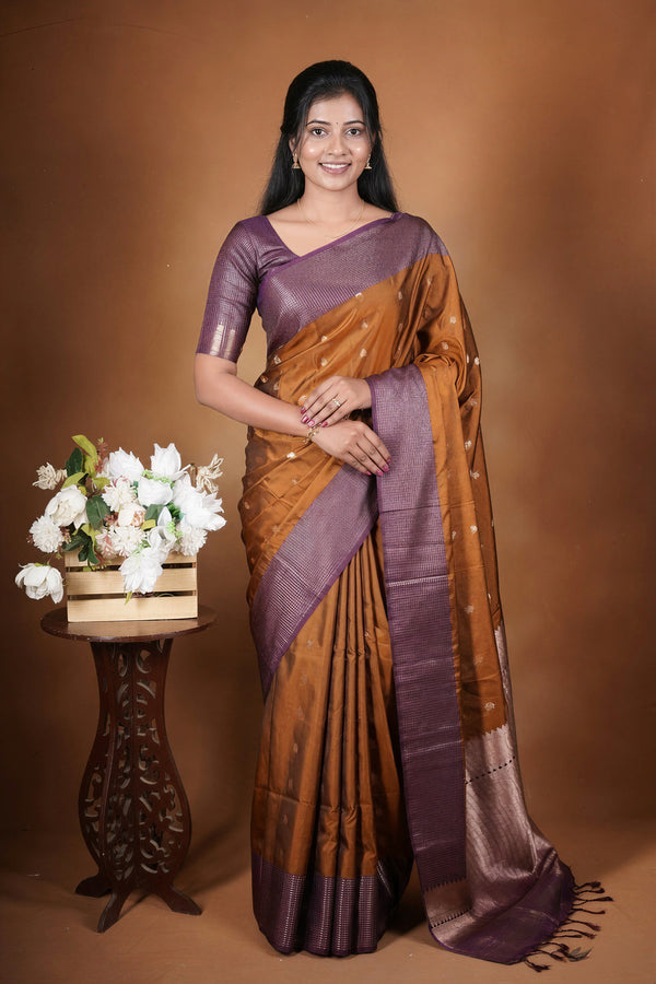 Rust Gold Soft Silk Saree | Violet Lurex Checked Border | Festive & Contemporary Wear