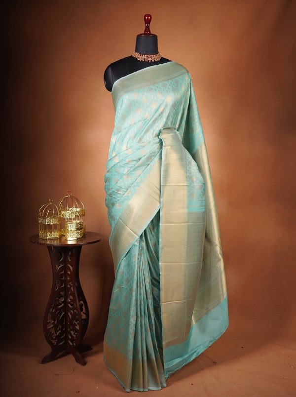 Sky Blue Katan Silk Saree | Gold Zari Brocade Floral Weave |Traditional & Festive Wear