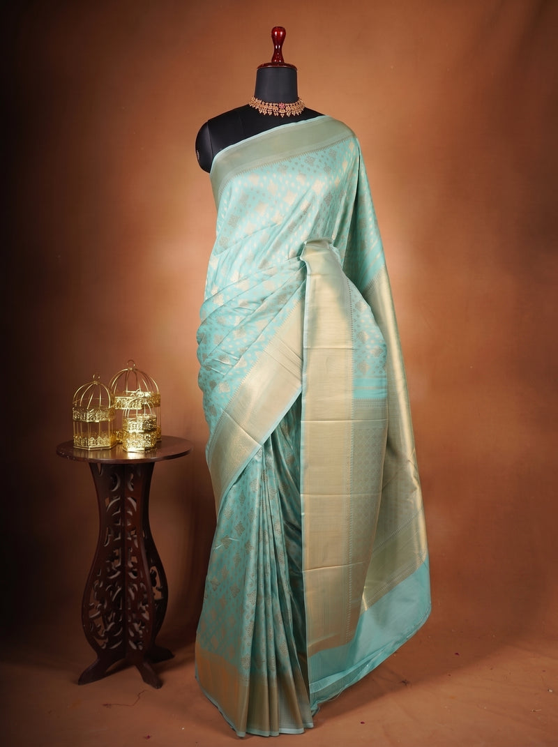 Sky Blue Katan Silk Saree | Gold Zari Brocade Floral Weave |Traditional & Festive Wear
