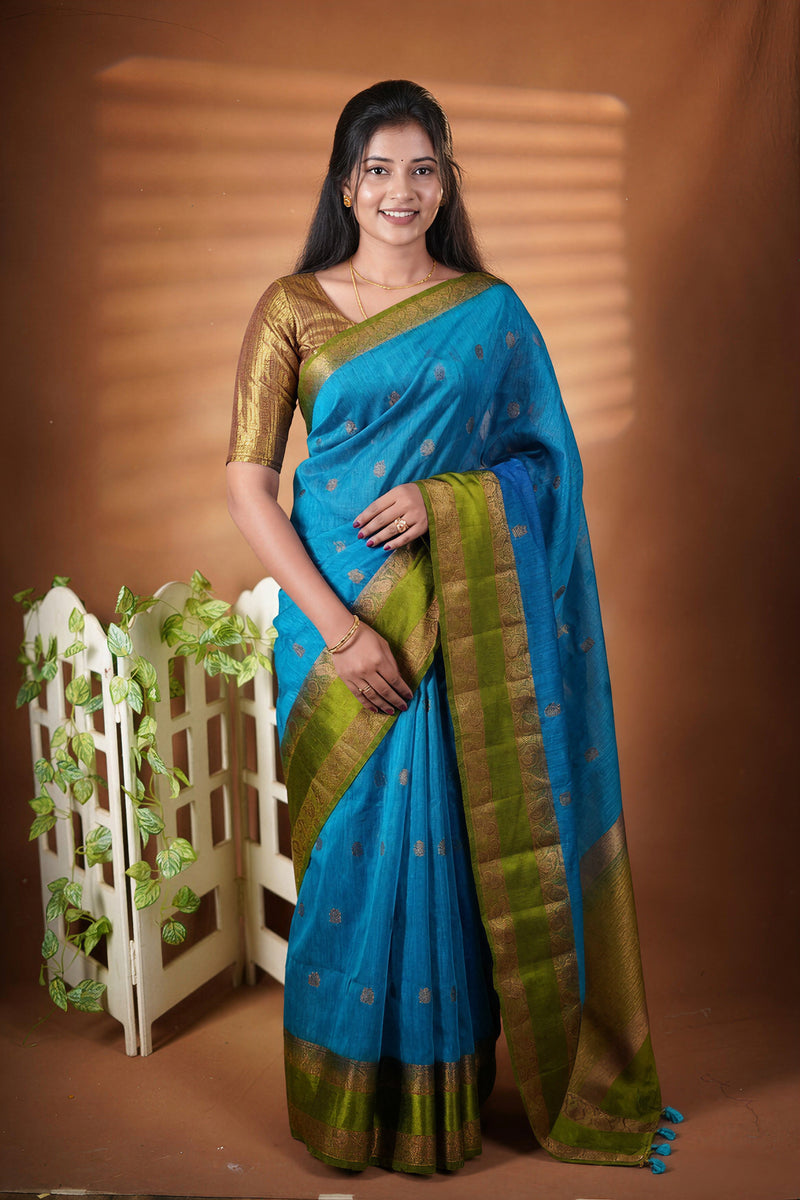 A woman modeling a blue and gold saree with a green border, standing against a warm brown studio backdrop with a decorative white screen and greenery on the left.