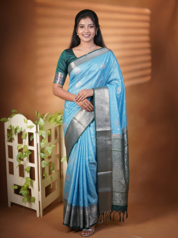 A woman modeling a light blue silk saree with a dark green blouse, featuring silver zari borders and a detailed patterned pallu, set against a warm brown studio backdrop with a decorative white planter.