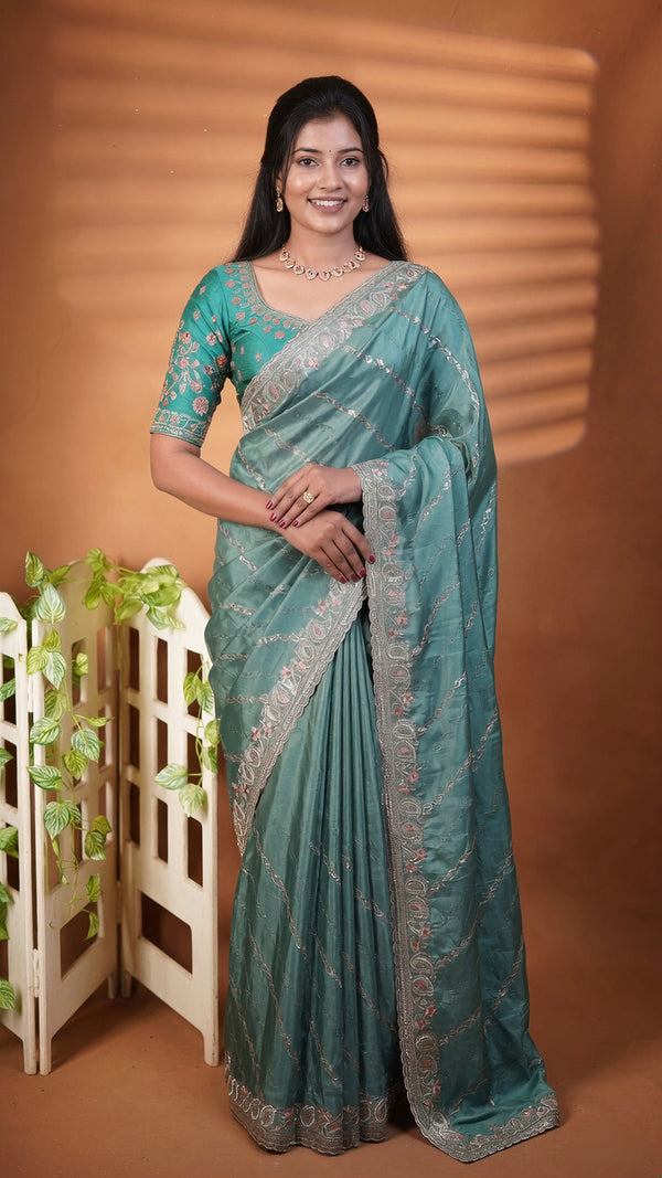 Satin Saree | Teal with Sequin Stripes and Stonework Border | Reception & Wedding Wear