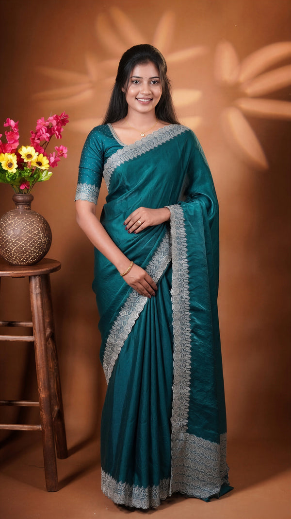 Teal Green Space Silk Saree | Silver Stone Embroidered Scalloped Border | Bridal Wedding Wear