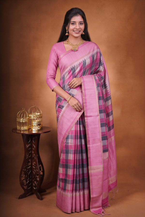 Tussar Silk Saree | Pink with Multicolor Ikat Checkered Print | Festive & Casual Wear