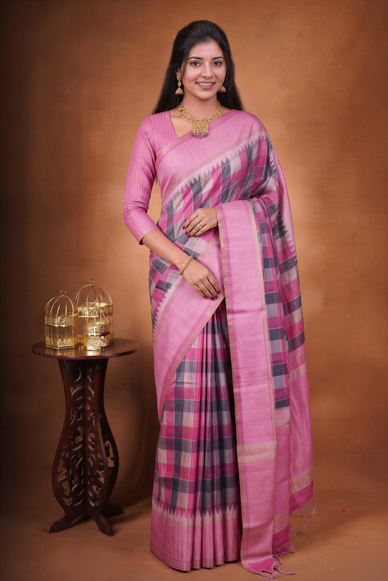 Tussar Silk Saree | Pink with Multicolor Ikat Checkered Print | Festive & Casual Wear