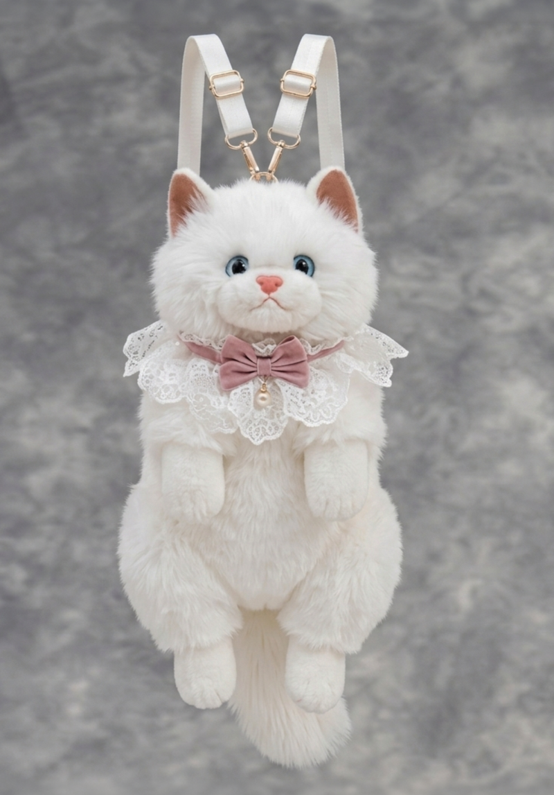 Premium White Fluffy Cat Backpack Bag Plush Kitten Purse with Lace Collar & Pink Bow Cute Kawaii Animal Bag for Girls Blue Eyes meow sound Persian Cat Shoulder Bag Aesthetic Fashion Accessory