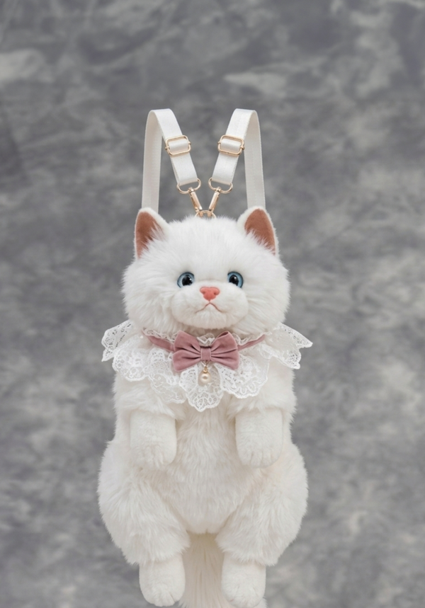 White fluffy cat-shaped backpack with a pink bow on a gray background