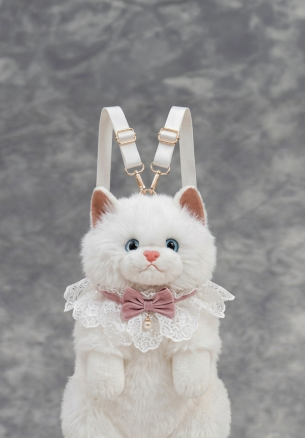 Premium White Fluffy Cat Backpack Bag Plush Kitten Purse with Lace Collar & Pink Bow Cute Kawaii Animal Bag for Girls Blue Eyes meow sound Persian Cat Shoulder Bag Aesthetic Fashion Accessory