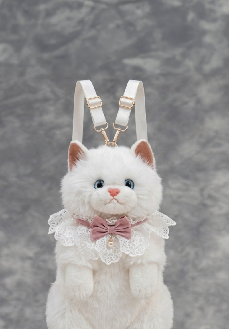 Premium White Fluffy Cat Backpack Bag Plush Kitten Purse with Lace Collar & Pink Bow Cute Kawaii Animal Bag for Girls Blue Eyes meow sound Persian Cat Shoulder Bag Aesthetic Fashion Accessory