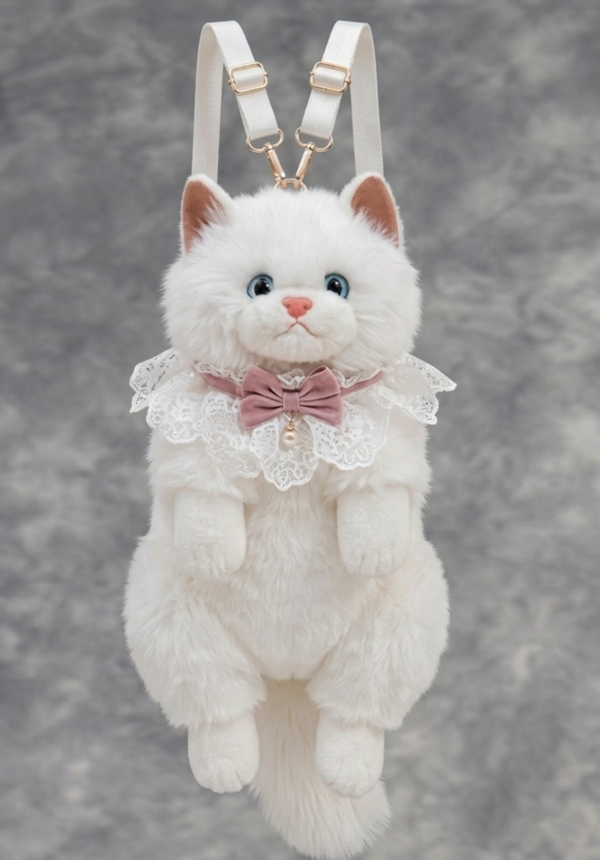White fluffy cat-shaped backpack with a pink bow on a gray background