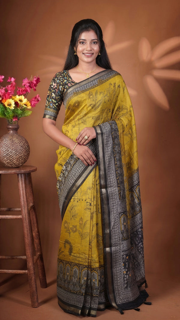 Mustard Yellow Chanderi Cotton Saree | Madhubani Tribal Print with Black Pallu | Ethnic Festive Wear