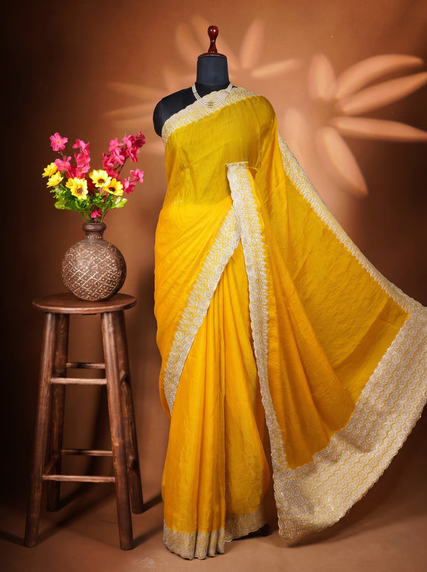 Space Silk Saree | Yellow with Scalloped Silver Stone Border | Designer Party Wear